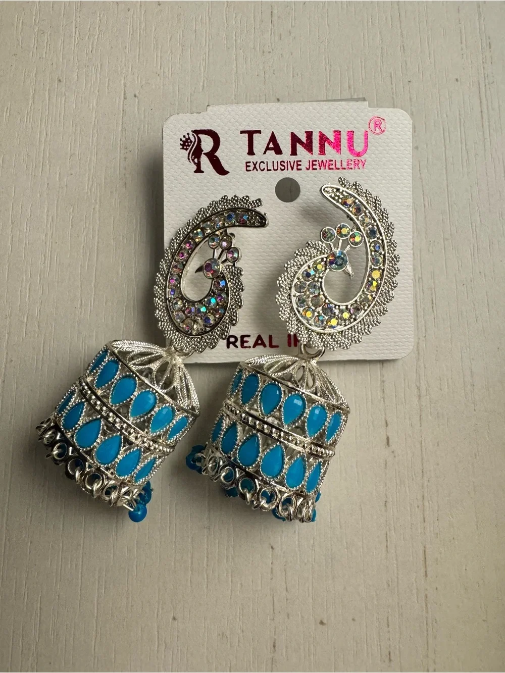 Silver-Tone Blue Jhumka Earrings